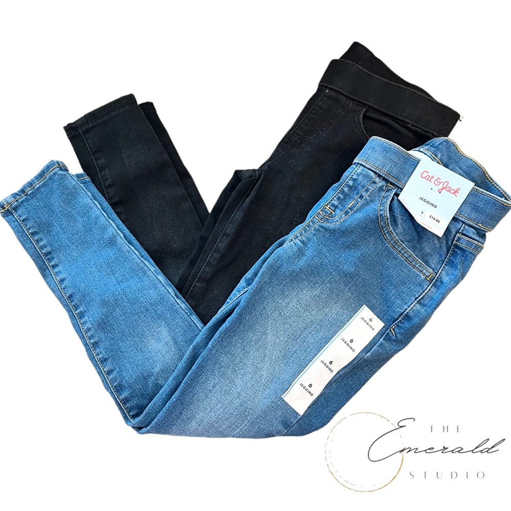 New Girls' Mid-Rise Pull-On Jeggings - Cat & Jack - Light Wash & Black - Size 6